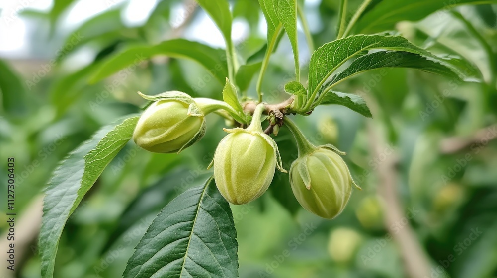Poster close up view of developing unripe green peaches hanging on a tree branch surrounded by vibrant gree