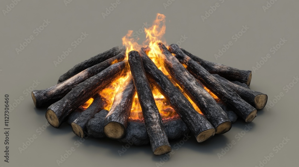 Poster campfire with burning logs and flames in a circular arrangement creating a warm, inviting atmosphere
