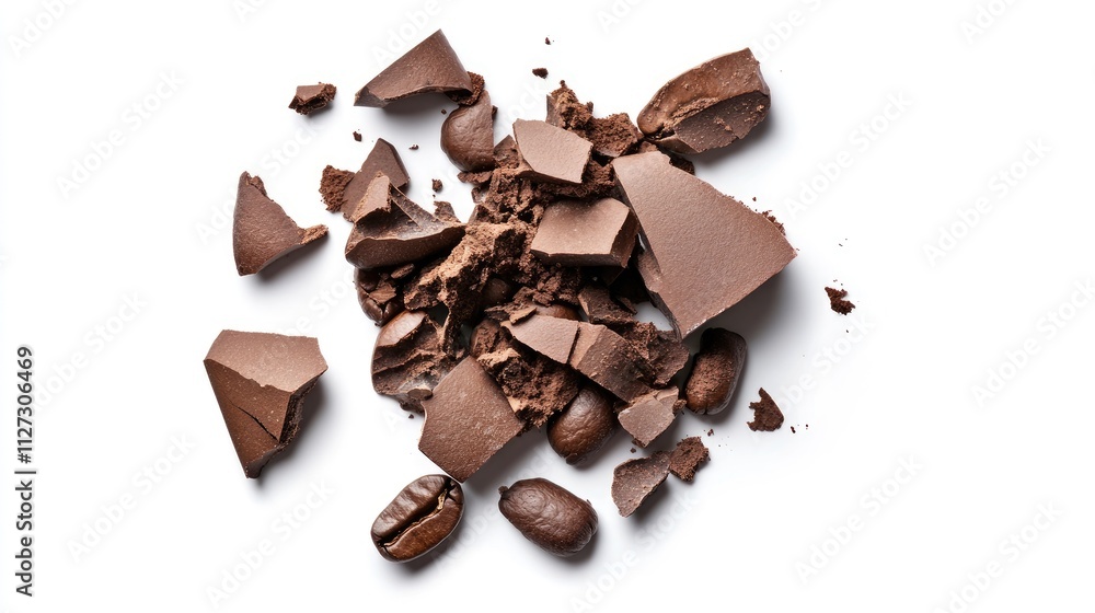 Aufkleber broken chocolate pieces and coffee beans scattered on a white background in a closeup view showcasin