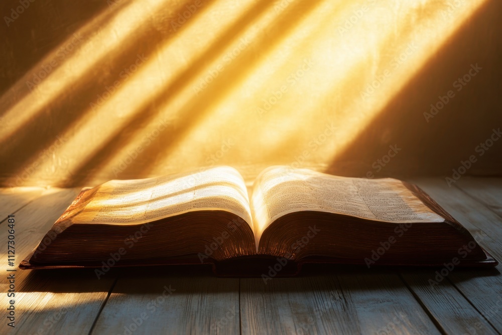 Poster sunlight streaming onto an open book resting on a wooden surface in a quiet setting
