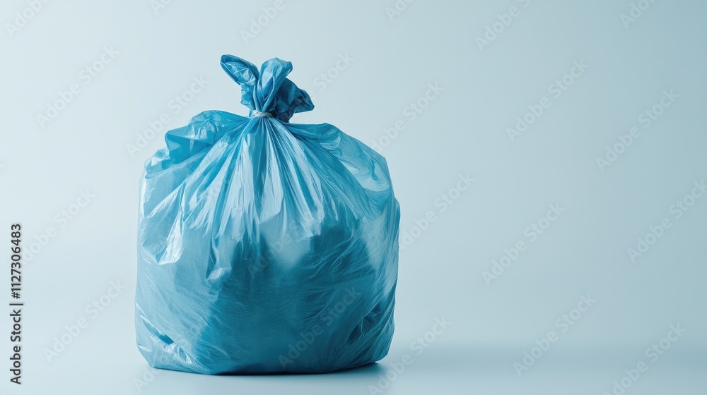 Poster blue garbage bag filled with waste isolated on a light background representing cleanliness and waste