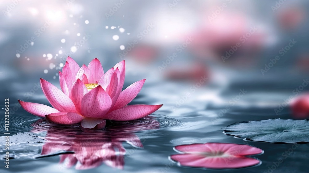 Poster elegant pink lotus flowers floating serenely on a tranquil pond reflecting soft light and gentle rip