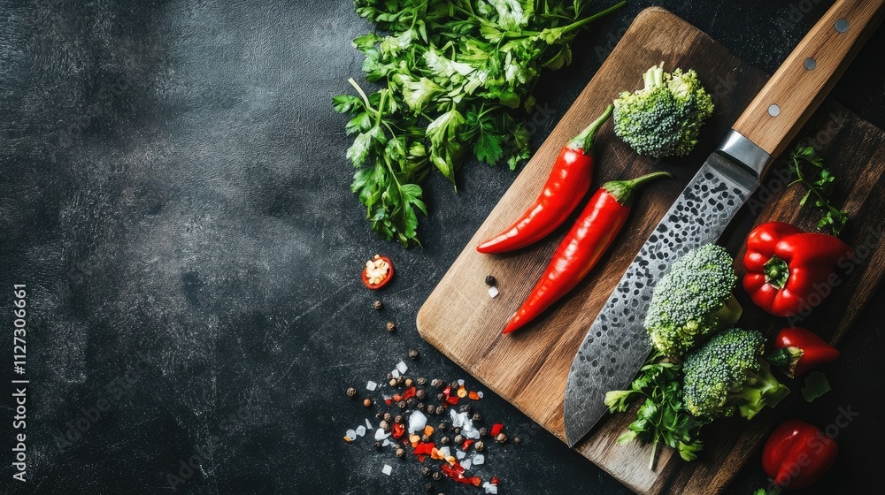 Aufkleber fresh broccoli and red chili peppers on a wooden chopping board with a knife and herbs creating a vi