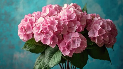 Pink hydrangea bouquet with lush green leaves against a colorful backdrop showcasing negative space elegance and floral beauty.