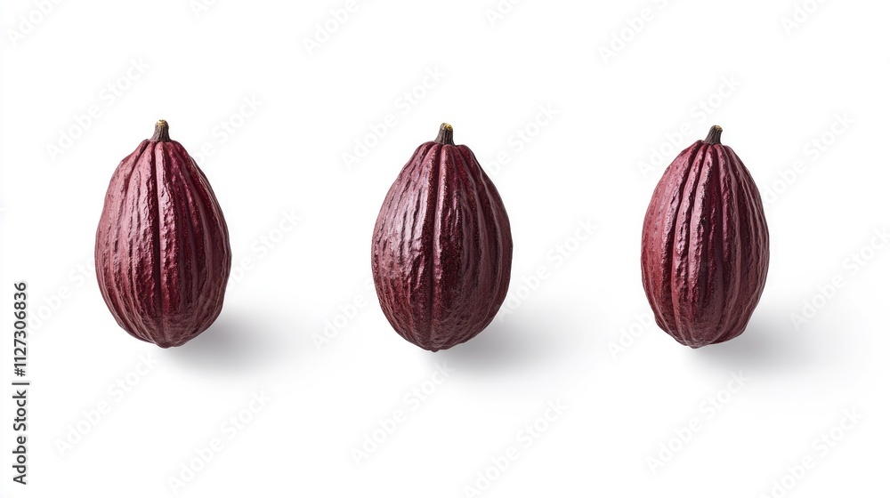 Poster cacao fruits arranged in a row isolated on white background showcasing their rich texture and vibran