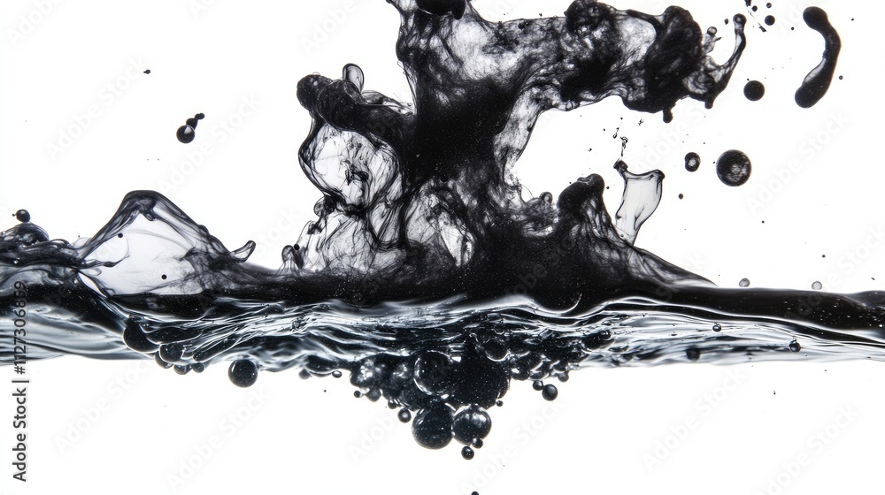 Aufkleber Black ink dispersing in water creating intricate patterns against a clean white background showcasing fluid dynamics and artistic movement.