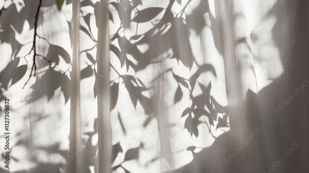 Poster Soft sunlight casting delicate leaf shadows on elegant white textured curtains creating a serene and tranquil indoor atmosphere