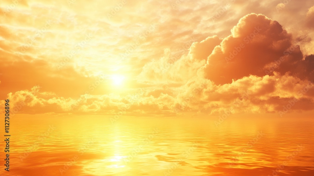 Poster serene sunset over calm sea with vibrant orange and yellow clouds reflecting on the water creating a