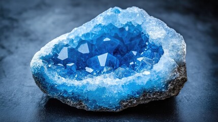 Blue calcite crystal geode revealing stunning internal formations against a dark background showcasing mineral beauty and geological contrasts