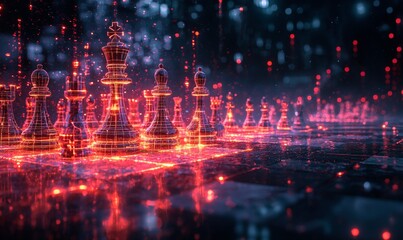 Neon hologram chess pieces on glowing digital background. Futuristic tournament and surreal cyber chess board with illuminated holographic chess pieces