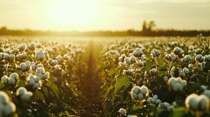 Automatic irrigation system in a cotton field under sunset enhancing agricultural productivity and crop growth.