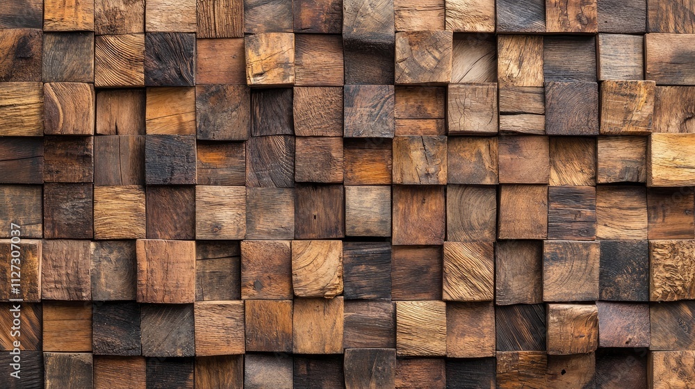 Poster wooden block wall texture featuring a mosaic pattern of rich browns and warm tones perfect for rusti