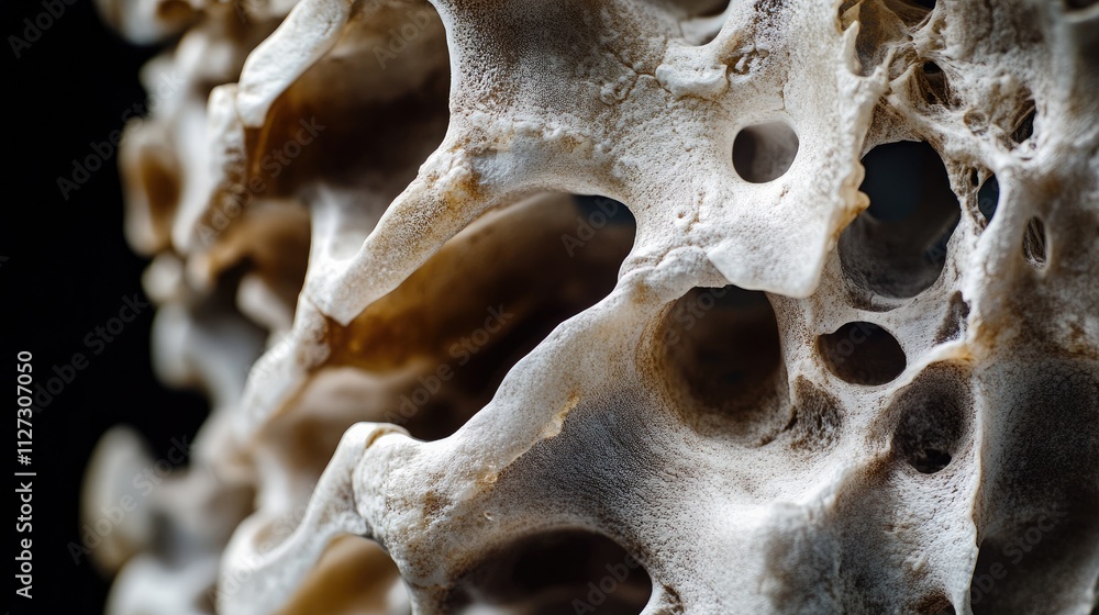 Aufkleber Intricate macro detail of a bone structure showcasing texture and patterns against a black background for scientific or artistic purposes.