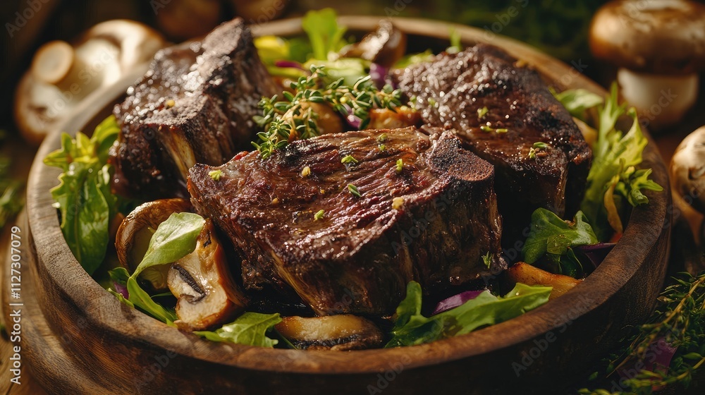 Poster beef cheeks served with mixed salad and mushrooms in a rustic wooden bowl captured in soft natural l