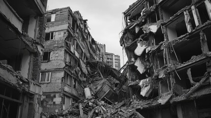 Destruction of urban apartment buildings from bomb explosion during wartime in black and white showcasing the aftermath of conflict.