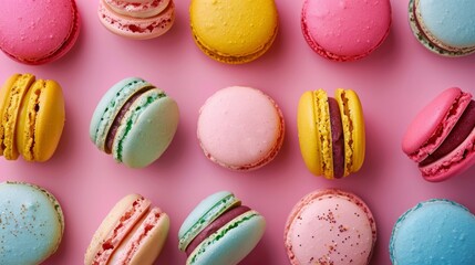 Obraz premium Colorful French macarons arranged on a pastel pink background