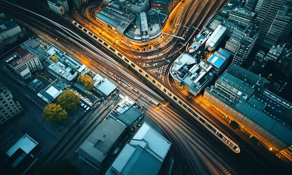 Aerial View of Intersecting Train Tracks and Urban Landscape at Night
