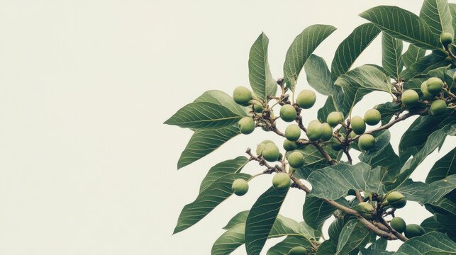 Branch of common walnut showcasing lush green leaves and unripe fruits isolated on a clean white background for natural agriculture themes