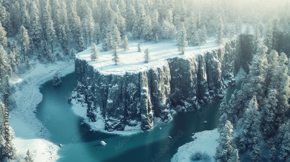 Poster aerial view of a serene snowy forest with a winding river and rugged cliffs in an untouched winter w
