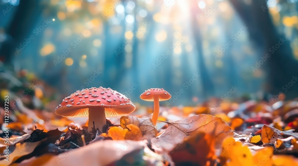 Poster colorful autumn leaves with vibrant mushrooms in a sunlit forest creating a serene nature background