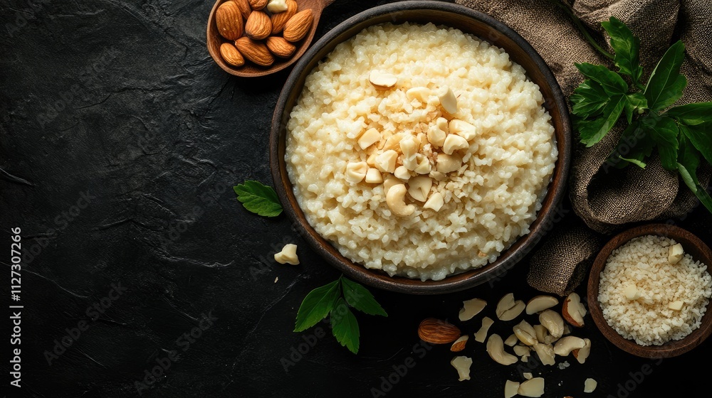 Poster creamy rice pudding with cashews and almonds in a bowl on dark background with copy space for food m