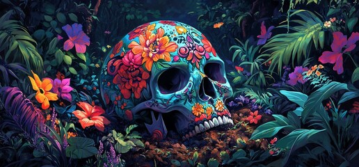 Floral skull rests in vibrant jungle foliage.