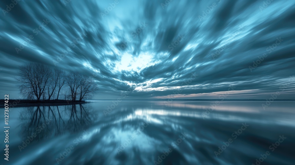 Poster Serene night sky with dynamic cloud movement reflected in calm water creating a tranquil and mystical atmosphere.