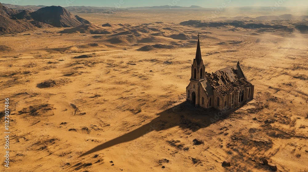Poster aerial view of an abandoned church in a vast dry desert landscape portraying isolation and desolatio
