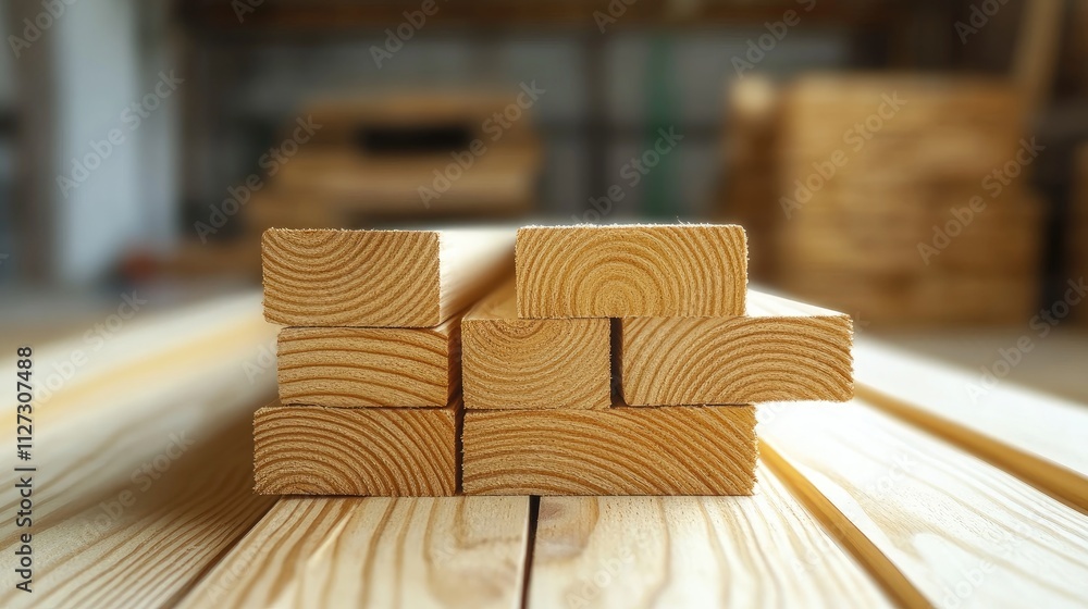 Poster Glued laminated timber planks arranged in a stack showcasing natural pine wood texture and patterns for construction and interior design use