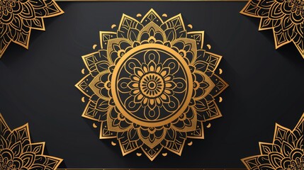 Luxurious gold mandala pattern on dark background.