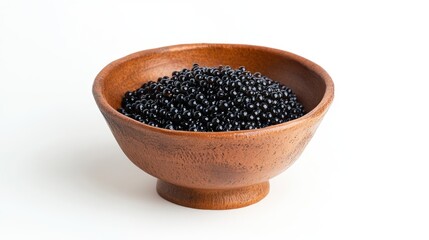 Bowl of black caviar on white background showcasing luxury gourmet delicacy ideal for culinary and food-related advertising.