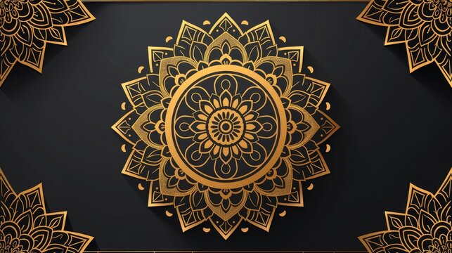 Luxurious gold mandala pattern on dark background.