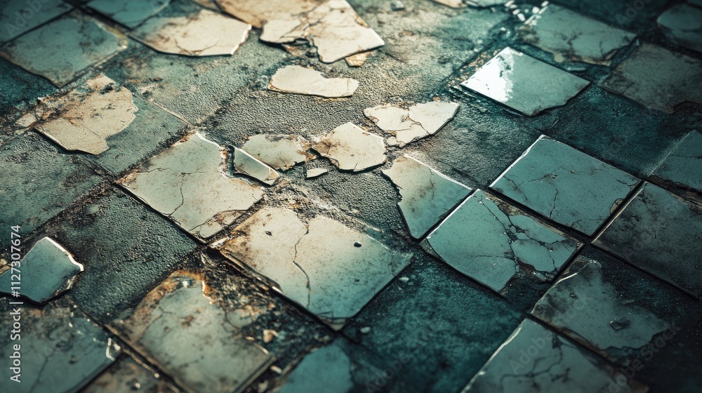 Poster Deteriorating broken tiles on a weathered cement floor reflecting light and showcasing texture and decay
