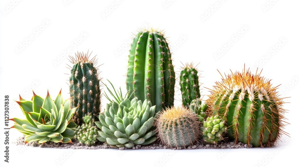 Poster columnar and round cactus varieties arranged harmoniously against a white background showcasing thei