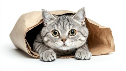 Silver tabby British Shorthair cat playfully peeking out of a rolled paper bag with paws stretched on a white background