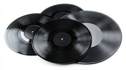 Collection of vintage black vinyl records beautifully arranged on a clean white background...