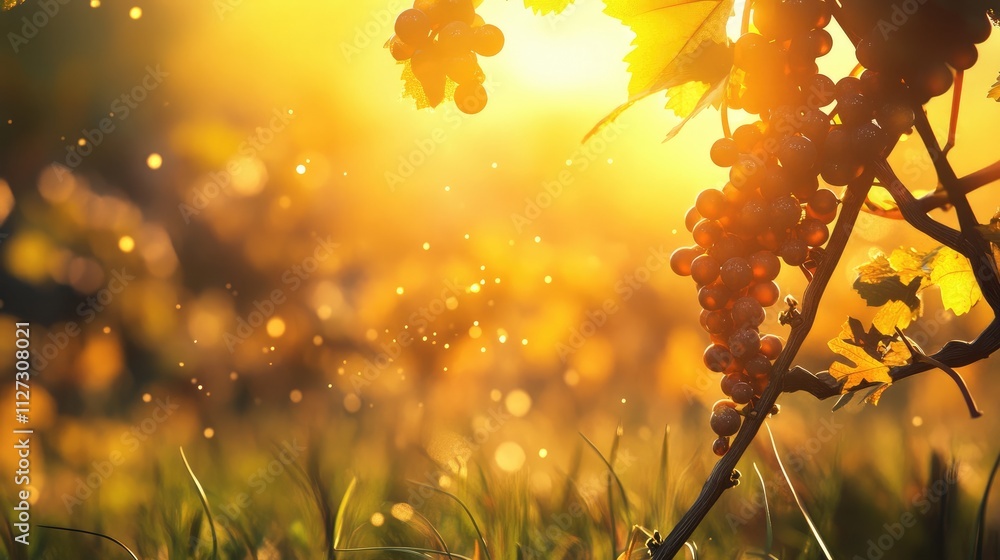 Poster golden hour glow illuminating a grapevine with sunlit grapes and soft bokeh effects in a vineyard se