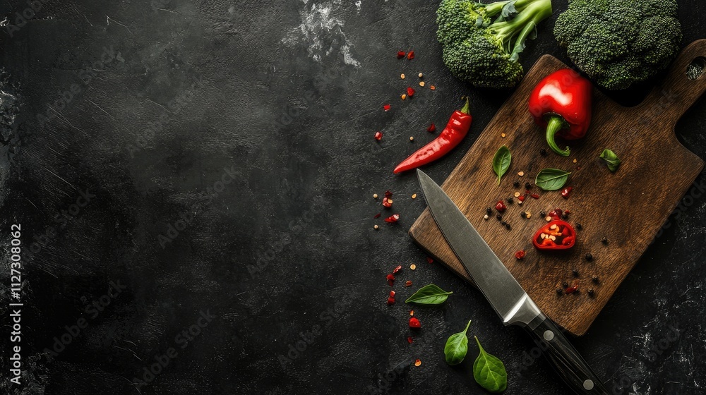 Aufkleber fresh broccoli and chili peppers on a rustic chopping board with a knife ready for meal preparation 