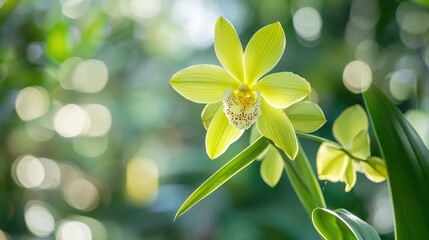 Close up of vibrant green orchid flower with blurred greenery background illuminated by sunlight for nature and ecology themed designs