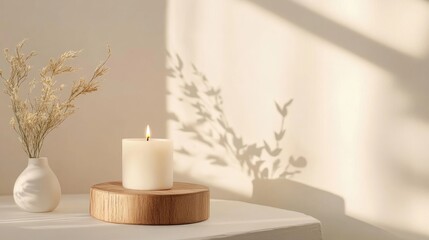 Serene atmosphere with a burning white candle on wooden stand casting shadows on beige background with decorative vase and plant