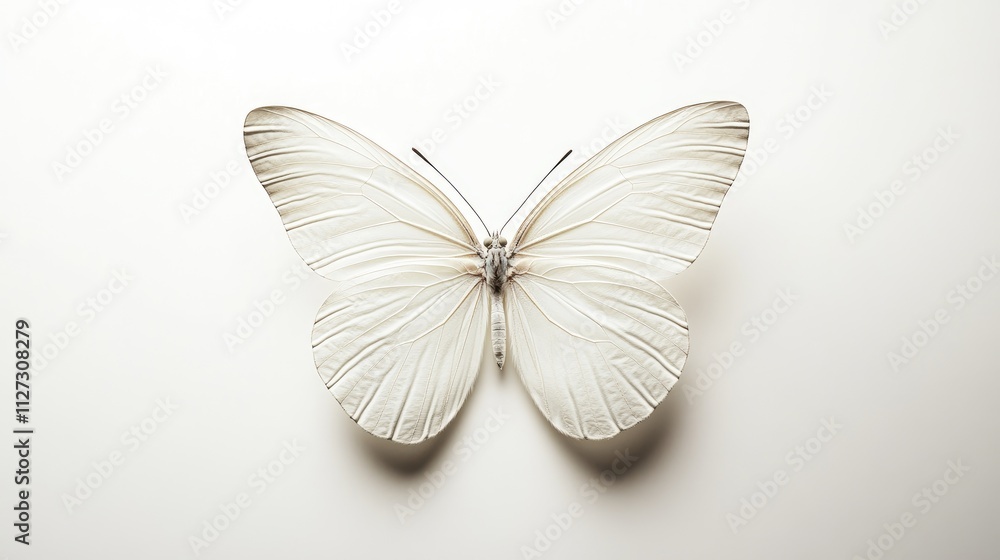 Poster Elegant white butterfly displayed on a minimalistic white background showcasing delicate details and graceful symmetry.