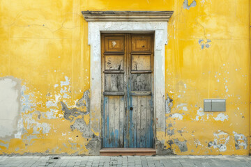  Yellow concrete wall with old wooden door in european city. Detailed photo textured background