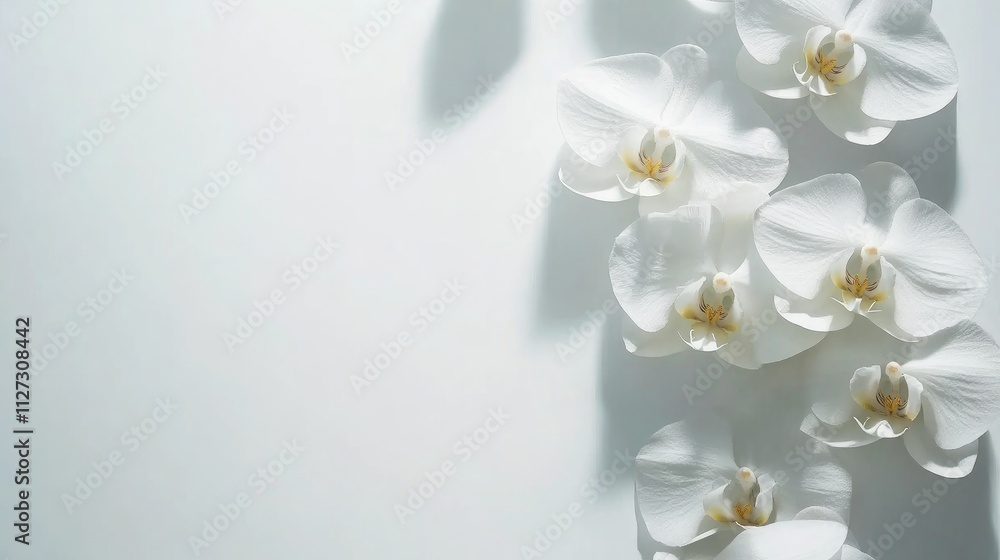 Poster elegant white phalaenopsis orchids arranged on a soft white background showcasing their delicate bea