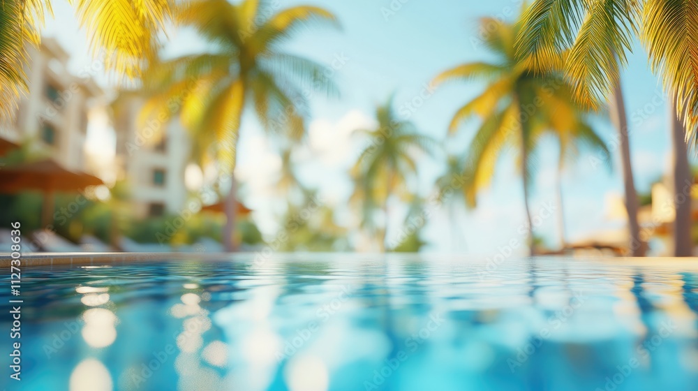 Aufkleber luxurious tropical hotel swimming pool with blurred background of palm trees under a sunny sky on a 