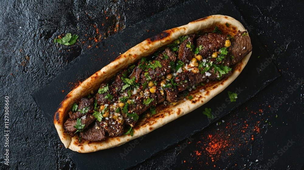 Aufkleber beef shawarma wrapped in pita bread garnished with fresh herbs on a dark textured background suitabl