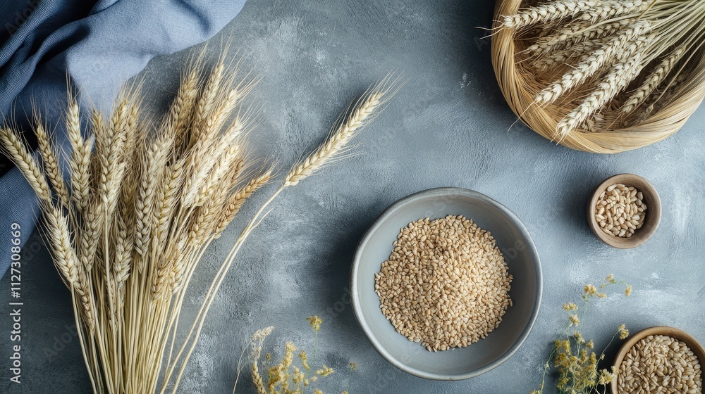 Poster Summer Table Arrangement with Wheat and Grain in a Rustic Setting on Gray Background