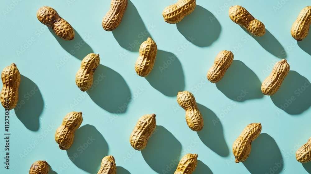 Aufkleber boiled peanuts scattered on a light blue background creating an appealing texture and shadow effect for food photography themes