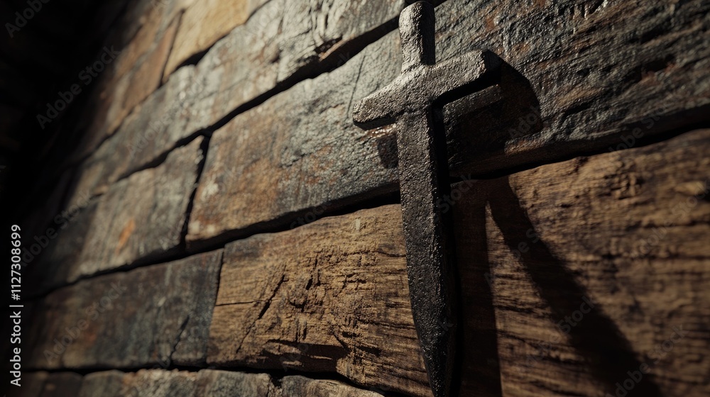 Poster iron nail embedded in rustic wooden wall showcasing texture and craftsmanship in a dimly lit setting