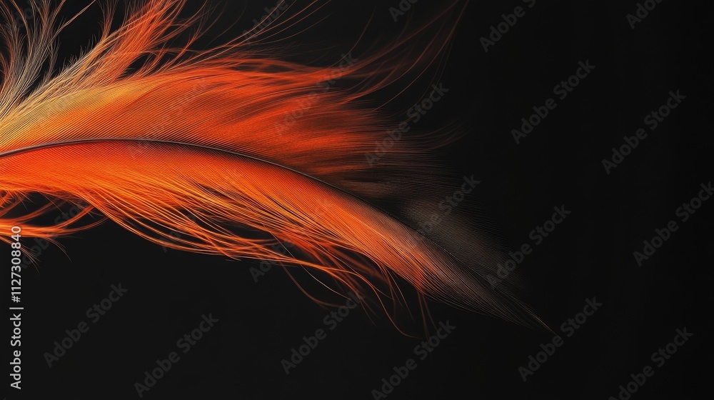 Poster vibrant orange bird feather gracefully floating against a sleek black background showcasing intricat