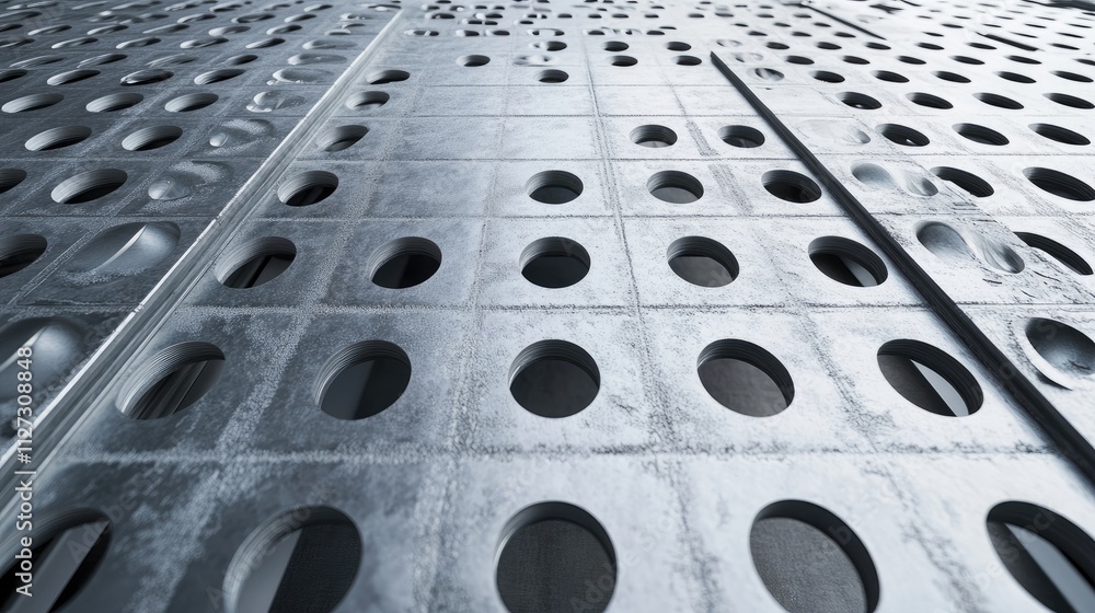 Poster multi-storey apartment construction with grey facade patterns featuring circular holes viewed from a